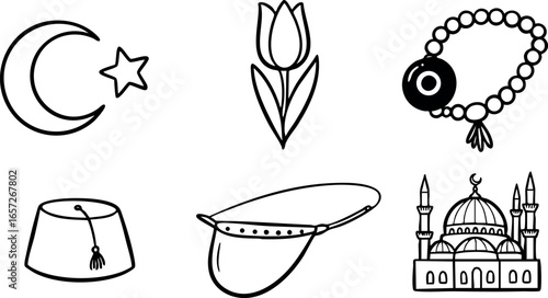 Islamic symbols crescent star mosque tulip prayer beads fez cap vector illustration 