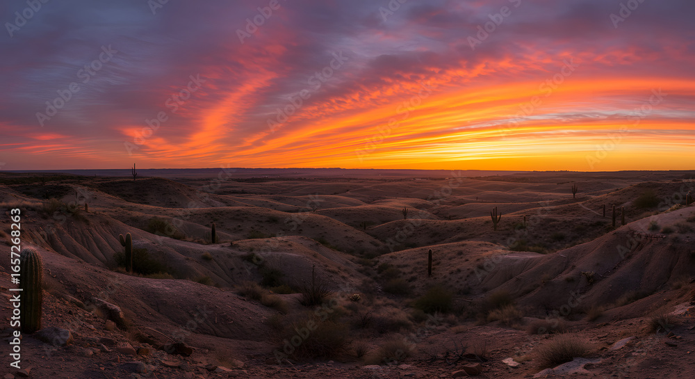 Naklejka premium Stunning desert sunset paints sky with vibrant orange and purple hues over rolling hills and cacti