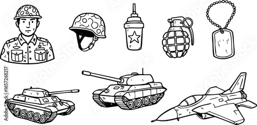 Military equipment and soldier icons including tanks jet dog tags and grenade vector illustration 