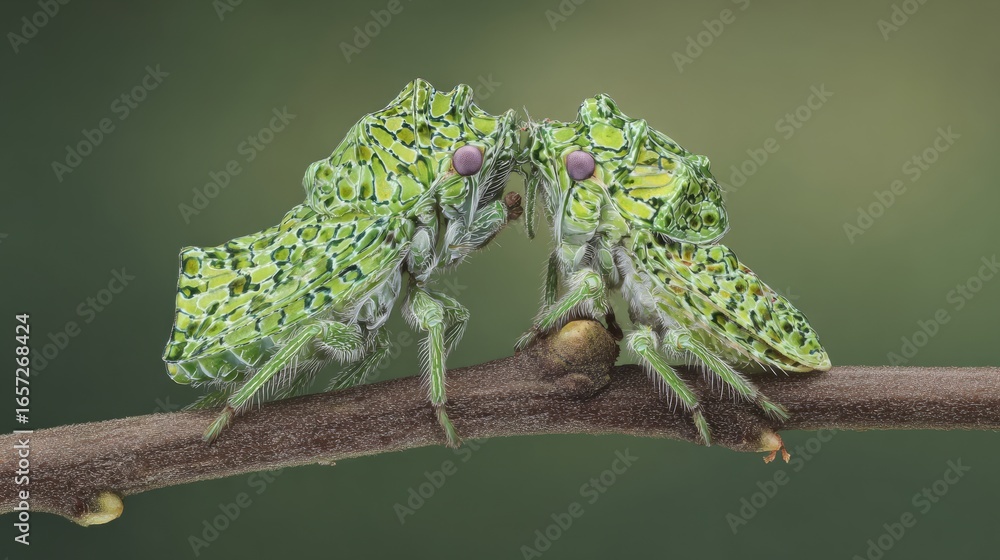 Obraz premium Fantastically shaped treehoppers with electrical charge visualizations surrounding their uniquely evolved bodies