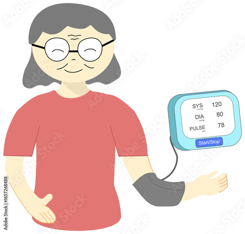 A senior woman measuring her blood pressure and pulse