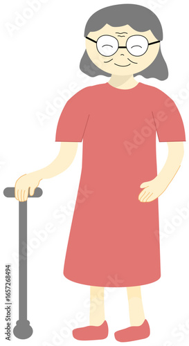 A physically active elderly woman walking with a cane, senior care, aging society