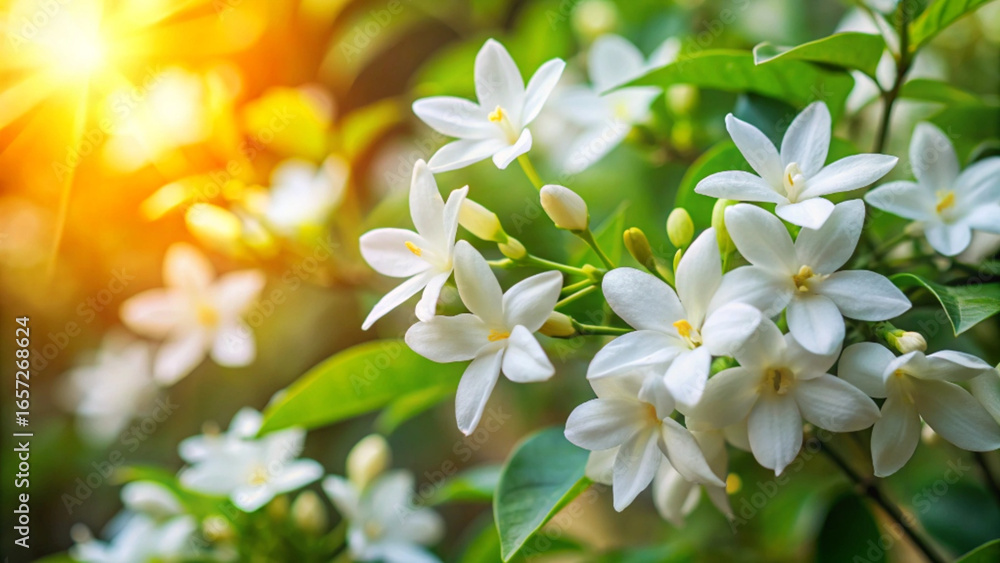 White flowers with green leaves and sunlight in the background White flowers with green leaves and sunlight in the background