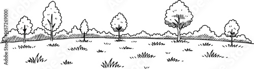 Line art of diverse trees and bushes in natural landscape vector illustration 