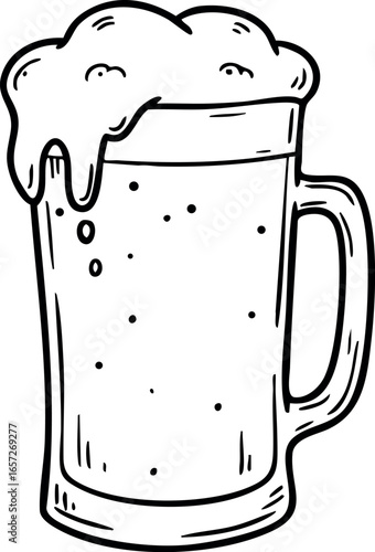 Beer mug with foam hand drawn style black and white vector illustration 