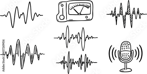 Sound Waveforms and Vintage Microphone Vector Illustration in Black and White 