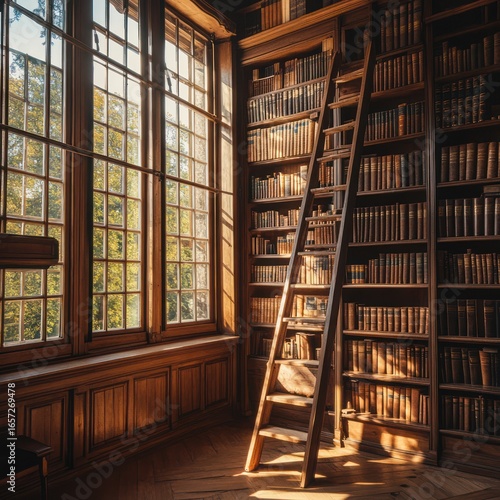 Warm library with large window and wooden ladder