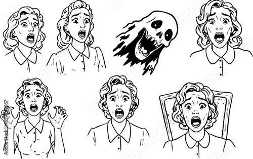 Woman expressing various emotions with ghost figure in black and white vector illustration 
