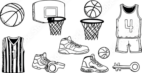 Basketball equipment set with ball shoes jersey and whistle vector illustration 