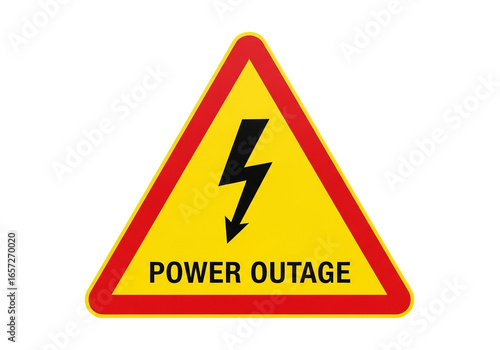 Yellow warning triangle with a black lightning bolt and the words power outage