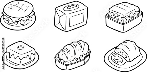 Variety of hand drawn bakery food items vector illustration set with sandwiches and desserts 