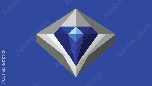 Geometric Blue Diamond Gemstone with Silver Facets on a Blue Background jewel