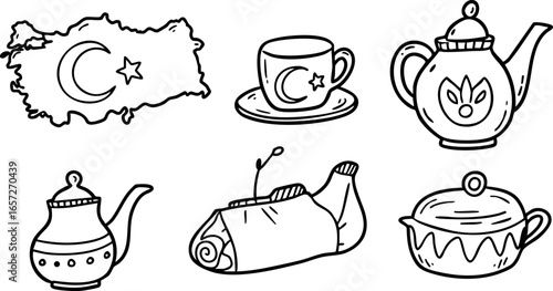 Turkish traditional tea set and food vector illustration with flag elements and teapot design 