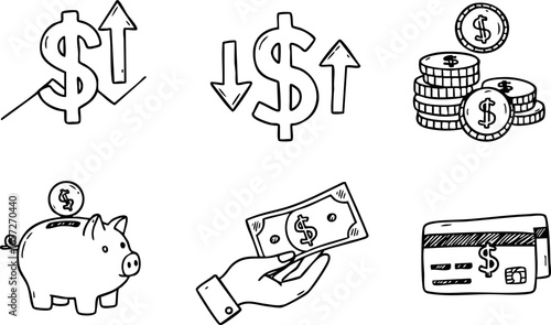Money symbols piggy bank credit card and cash hand financial transaction icons vector 