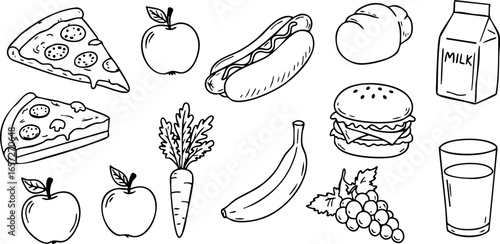 Hand Drawn Classic Food Items Including Pizza Burger Hot Dog Fruits and Milk Vector Illustration 