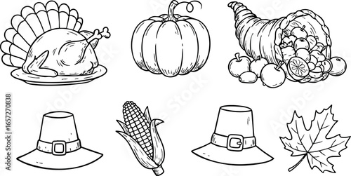 Thanksgiving harvest turkey pumpkin cornucopia pilgrim hat and maple leaf vector illustration 