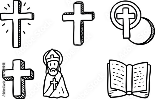 Christian religious symbols set with crosses saint figure and holy bible vector illustration 