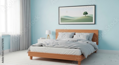 A bedroom scene with a wooden bed under a framed landscape picture on a light blue wall