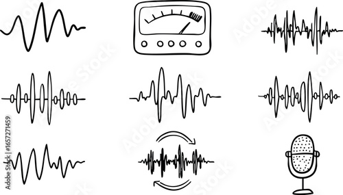 Sound waveforms and vintage microphone vector set with audio meter illustration elements 