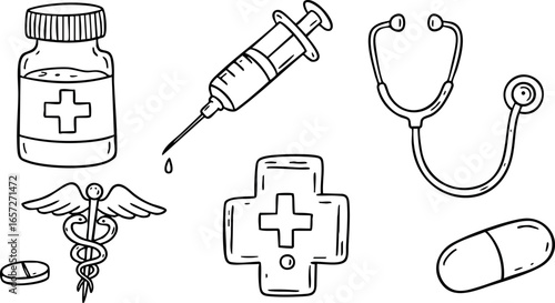Medical and Healthcare Icons of Syringe Bottle Stethoscope and Pills Vector Illustration 
