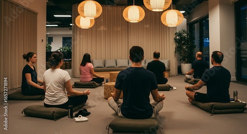 Calm employees meditate together in modern office space