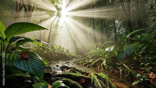 Sunlit Rainforest Stream with Poison Dart Frogs and Lush Foliage