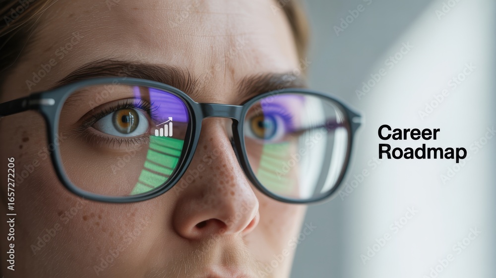 Fototapeta premium long term student goals concept. Focused individual viewing career roadmap through glasses.