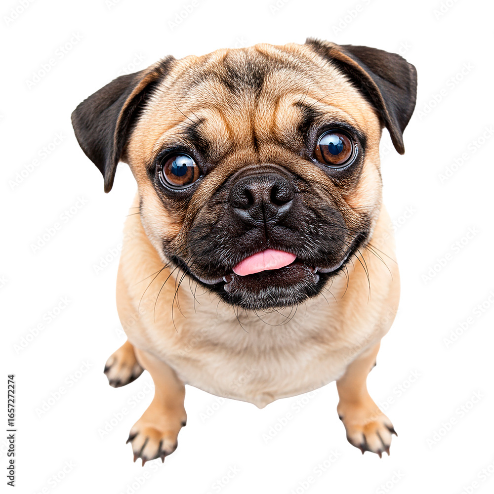 Fototapeta premium A fawn pug looking up with its tongue sticking out on a black background