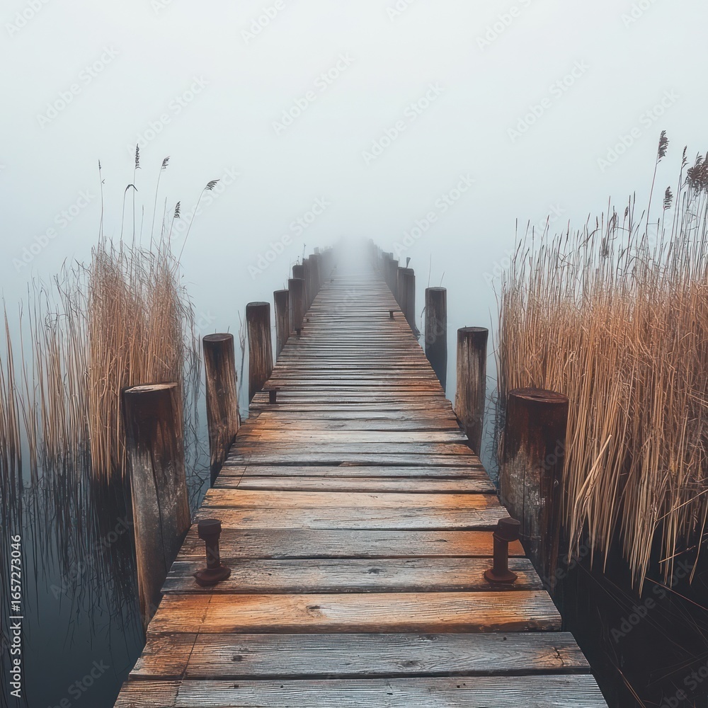 Obraz premium Wooden dock stretching into thick fog with reeds on either side