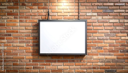 Wallpaper Mural Blank frame hangs on a textured brick wall in a modern interior, offering a space for art or announcements with a minimalist aesthetic. Torontodigital.ca