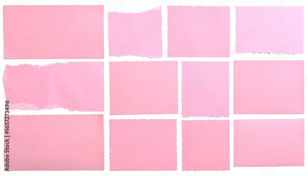 Fototapeta premium Square-shaped pink paper scraps neatly arranged on a clean white background, creating a simple yet playful geometric composition