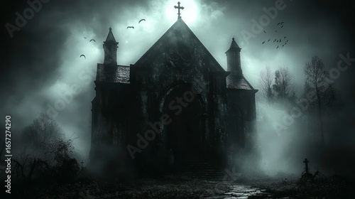 Eerie church in foggy night