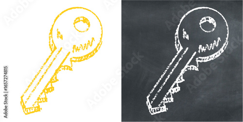 Chalk hand drawn key vector for security, access, and solutions with a sketchy feel. Perfect for illustrating passwords, digital keys, and problem-solving.