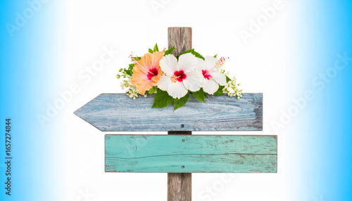 Signpost Adorned with Blossoms: A rustic wooden signpost, adorned with vibrant hibiscus blossoms, points the way with a touch of floral elegance against a light blue gradient backdrop.