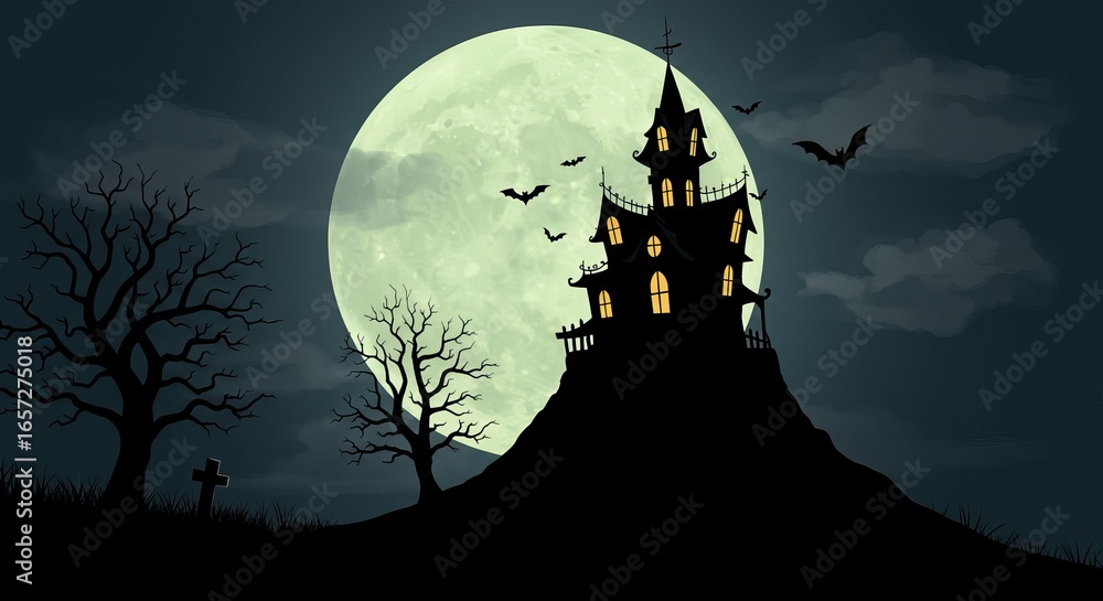 Fototapeta premium Eerie Haunted House Silhouette Under Full Moon with Bats and Trees