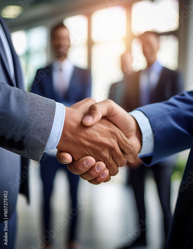 A close-up handshake between two professionals, captured from the eye-level perspective of a bystander. Natural daylight, clean office textures with blurred group of colleagues smiling in the backgrou