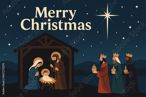 Vector Christmas nativity scene with Mary Joseph baby Jesus and Three Wise Men