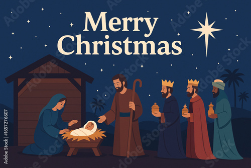 Vector Christmas nativity scene with Mary Joseph baby Jesus and Three Wise Men