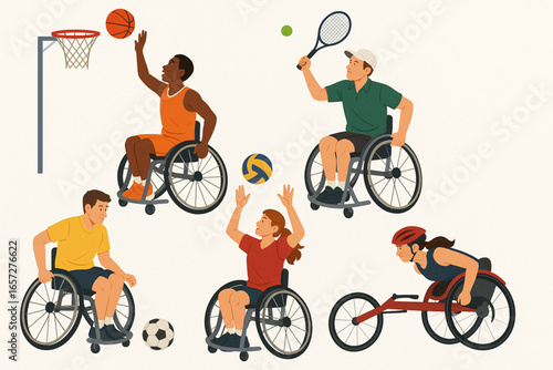 Wheelchair sports set basketball tennis football volleyball racing illustration