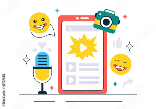 Reaction Video Vector Illustration featuring a Smartphone with a Viral Video and People Giving Likes and Reactions on Social Media in a Background