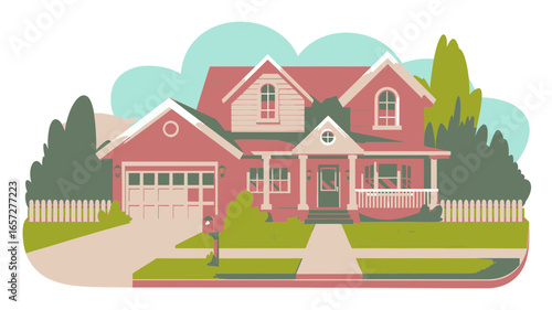 Flat design illustration of suburban house with front porch, garage, white picket fence, muted dusty rose facade, sage green trees, driveway, sidewalk, and pale aqua sky.