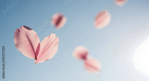 Beautiful soft pink flower petals floating in clear blue sky with sunlight creating a serene and peaceful atmosphere perfect for spring or nature themes