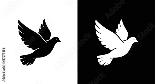 Dove flying peace symbol black and white silhouette
