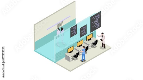 Wallpaper Mural Infographic of a Team of Scientists and an AI Robot 3d animation cartoon Torontodigital.ca