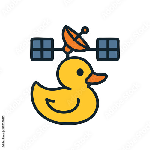 Innovative Rubber Duck Satellite. A charming yellow bath toy equipped with a communication dish and solar panels. It embodies playful technology, global connectivity, and ingenious ideas.