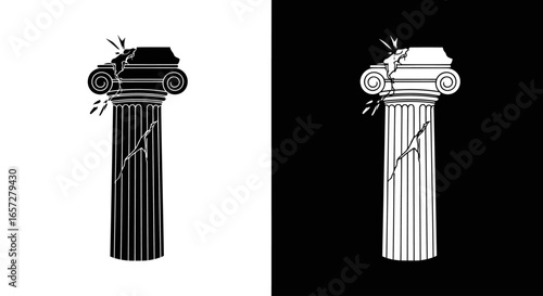 Broken Greek column silhouette icon symbol of history ruins collapse