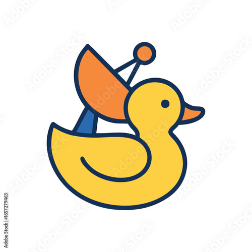 Playful Duck Satellite Icon. A vibrant yellow bath toy features a modern communication antenna. This whimsical image blends childlike innocence with advanced digital connectivity and innovation.