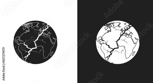 A black and white graphic illustration of a cracked planet Earth, symbolizing global crisis, division, and environmental disaster.