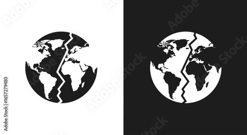 A black and white icon set of a cracked Earth globe, symbolizing global crisis, disaster, and division.