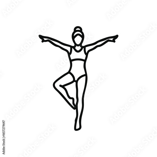 Meditative Balance Yoga Icon. A tranquil outline of an individual in a graceful Tree Posture, showcasing equilibrium and strength. Represents inner calm, wellbeing, and mindful living.